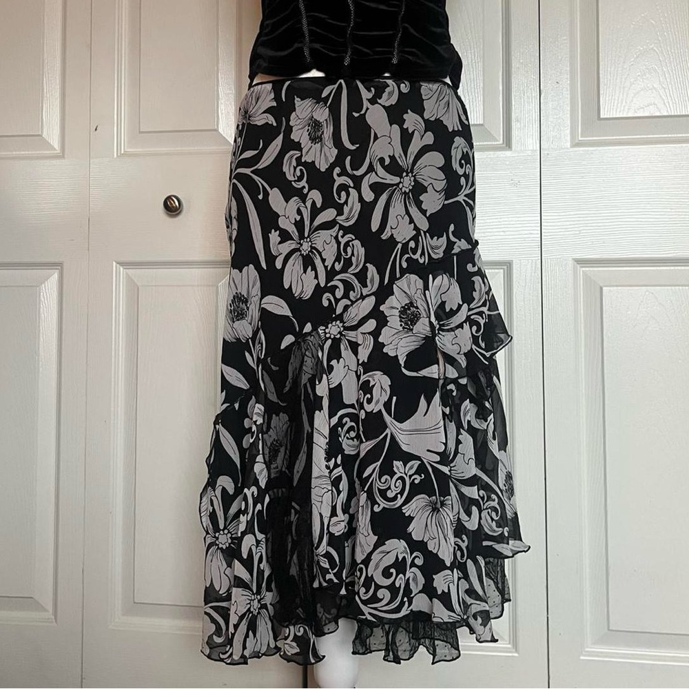 Vintage Y2K black and white floral midi skirt. Polka dot mesh detail.